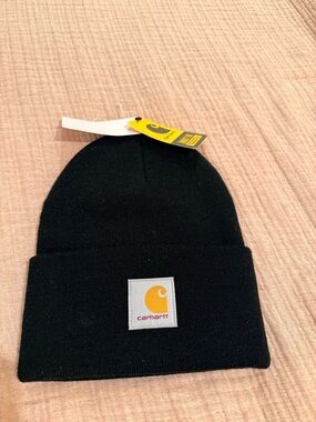 Carhartt Black Knit Beanie with Yellow Logo Tag